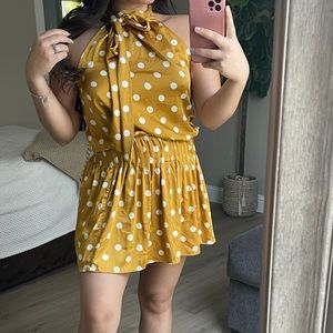 Mustard yellow polka dot tie neck dress